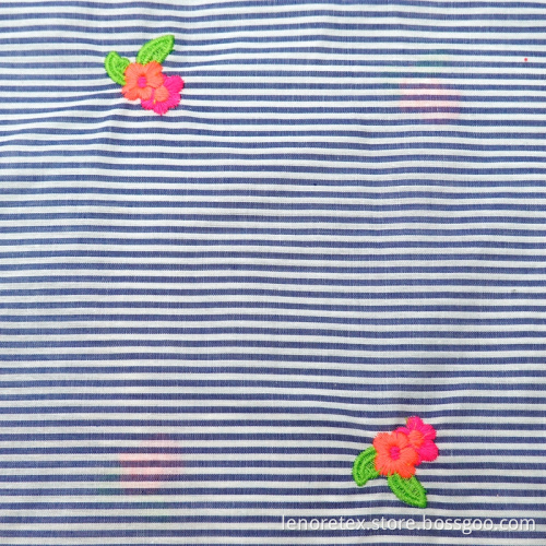 Stripe Yarn Dyed Woven 100%Cotton Flower Embroidery Fabric